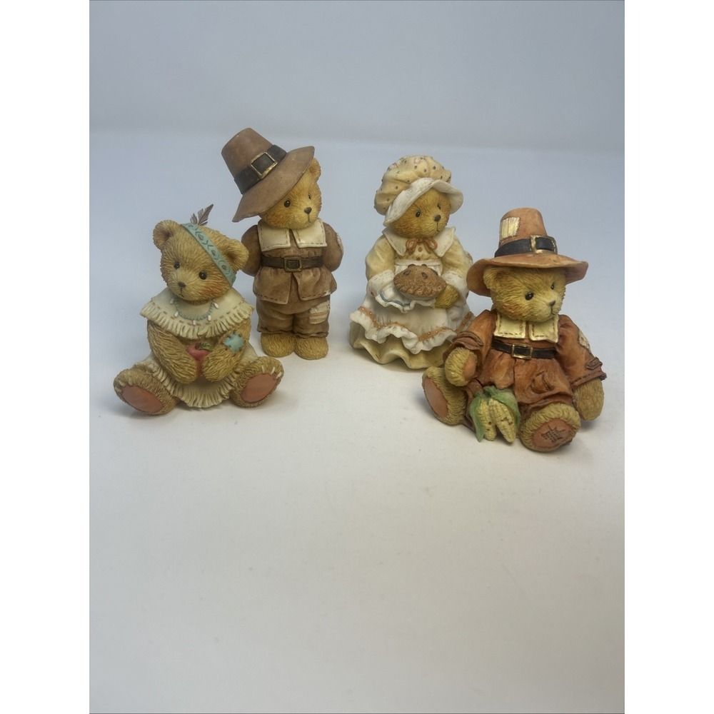 4 Cherished Teddies Fall Thanksgiving Theme Figurines Native American Pilgrim